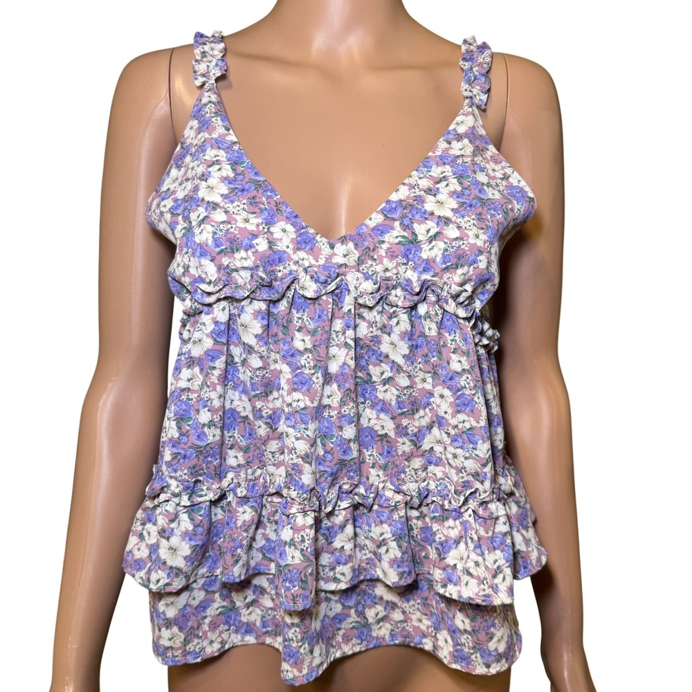 GiGiO Floral Ruffle Cami‎ Top Purple White V-Neck Tiered Summer Blouse Small